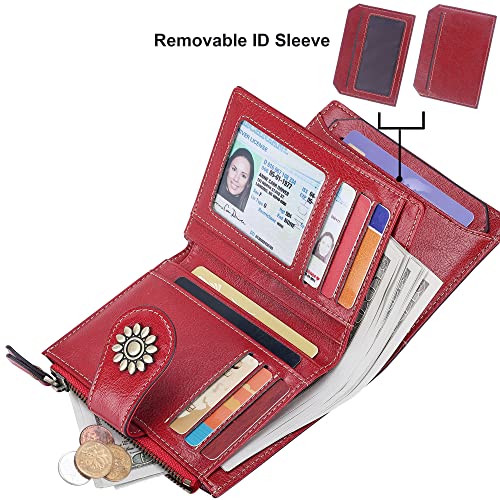 Womens Leather Wallet Small Compact RFID Blocking Credit Card Case Purse with Zipper Pocket | Small - color: Dark Red