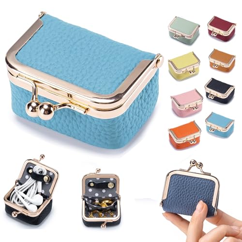 Genuine Leather Mini Jewelry Box & Coin Purse for Women, Travel Jewelry Case with Kiss Lock, Holds Earrings, Rings, Necklace, Bracelet, Coins (Sky Blue) - color: Sky Blue - 2.5in