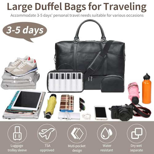 Faux Leather Weekender Bags for Women: Large Overnight Bags Travel Duffel Bag Carry On Shoulder Weekend Tote with Shoe & Laptop Compartment & Toiletry Bags for Airplane Traveling Gym - color: PU-Black