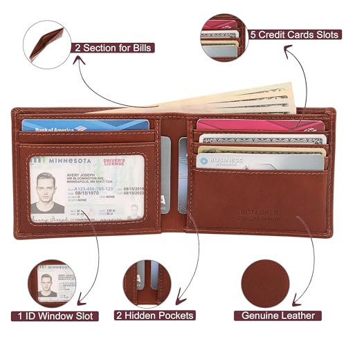 Genuine Leather Bifold Mens Wallet Slim RFID Blocking 5 Credit Card Slots 1 ID Window 2 Sections for Bills 2 Additional Slots | Dark walnut brown - color: Dark Walnut Brown, size: 5 Card + 1 ID