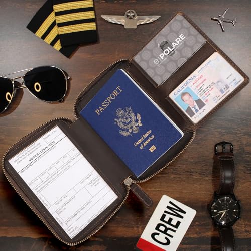 Polare Leather Pilot Wallet Passport Holder RFID Blocking Tri-fold Travel Cover Document Organizer for Aviation Professionals (Dark Brown(YKK Zipper Version)) - color: Dark Brown(YKK Zipper Version)