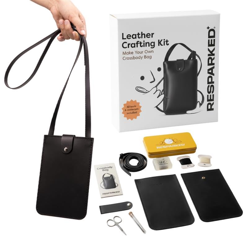 Resparked Leather Small Tote Bag – Women’s Handbags, Shoulder Bag, Crossbody Purse, Black & Brown Tote Purse for Work, Travel, DIY Leather Crafting Kit Gift Bag - color: Black