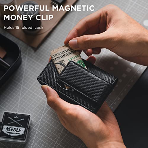 VULKIT Money Clip Wallet Pop Up Card Holder RFID Protection Mens Leather Wallet 2-IN-1 Business Card Holder For 7 Cards & 15 Bills - color: CF Black