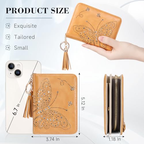 KITEVIUN Women RFID Blocking Small Bifold Wallet, Compact Cash Clutch with Zipper Coin Pocket, Glittery Butterfly Design, Credit Card Holder, Travel Purse with Tassel YELLOW - color: 04-YELLOW