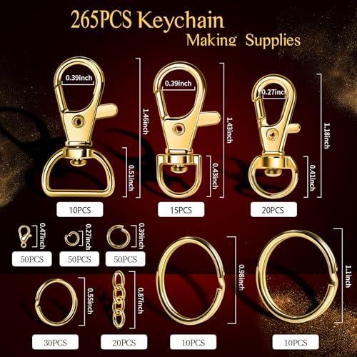 LEOBRO Keychain Making Kit, 265PCS Keychains Clips and Key Rings, Metal Lobster Claw Clasps and Key Chain Rings, Key Rings Bulk, Keychain Rings, Clip for Key Chains, Jewelry Making, Crafts, Gold - color: B-Gold