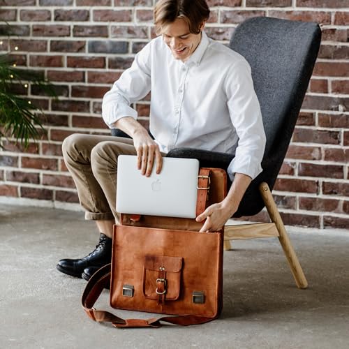 BERLINER BAGS Genuine Leather Messenger Bag For Men Berlin XL- Brown | Briefcase For Travel & Work, Adjustable Strap, 15.6" Laptop Slot, Trolley Sleeve, Phone Pocket, Pen Loops, Key Carabiner - color: Brown XL