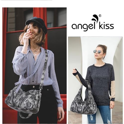 Angelkiss Hobo Purses and handbags for Women Satchel Handbag Women Purses Large Daily Shoulder Bags - color: Black/Grey-g