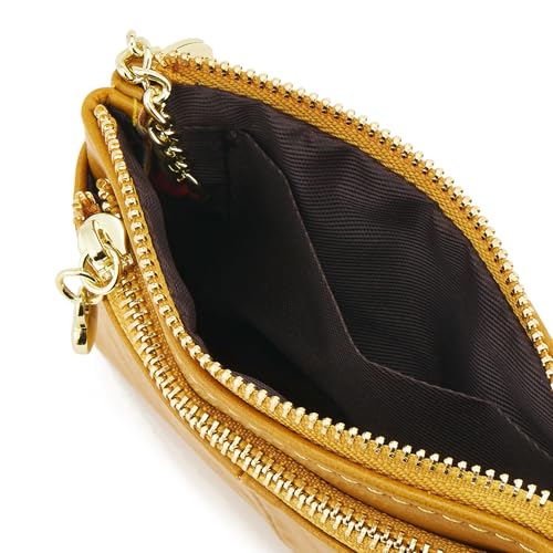Women PU Leather Zip Mini Coin Purse With Key Ring Triple Zipper Card Holder Wallet (Yellow) - color: Yellow