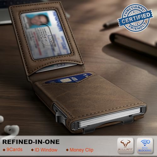 BULLIANT Men Slim Magnetic Leather Wallet Metal Case Money Clip 9 Cards | RFID Blocking | Easy Pop-up Access | Gift Boxed - color: Coffee-4338