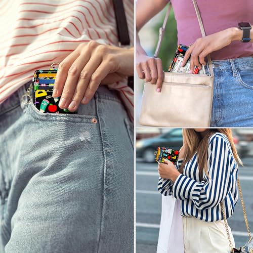 Slim Wallet Credit Card Holder, Colorful Stationery, RFID Wallet Women Cute Small Front Pocket Wallet With Zipper, PU Leather Thin travel RFID Blocking Card Case ID Window,Ladies Gifts - color: Colorful Stationery