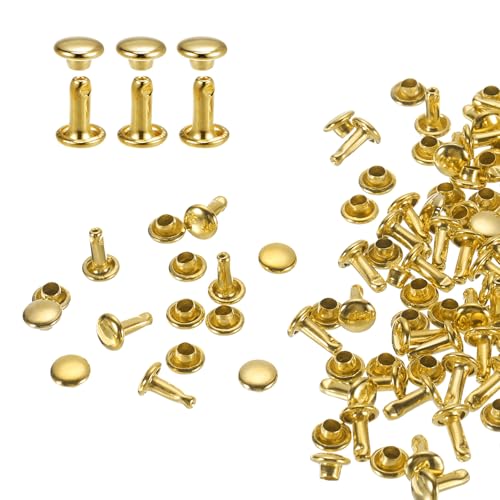HARFINGTON 100 Sets Double Cap Leather Rivets, 6x8mm Round Cap Tubular Metal Studs Leather Crafting Rivets for Fabric Belt Pet Collar Boot Bag Repair and Decoration, Gold - color: Gold, size: 6x8mm