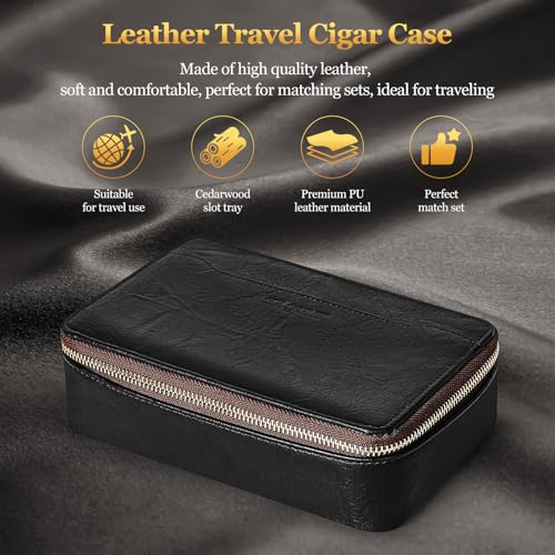 Cigar Humidor, Leather Travel Cigar Case, Portable Cigar Box with Cigar Draw Enhancer and Multifunction Cigar Cutter, Cigar Accessories Gift Set (Black) - color: Black
