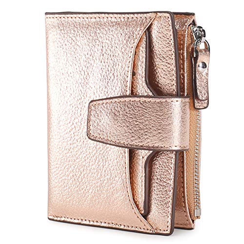 Women's RFID Blocking Leather Small Compact Bi-fold Zipper Pocket Wallet Card Case Purse with id Window - color: Lichee Champaign Gold