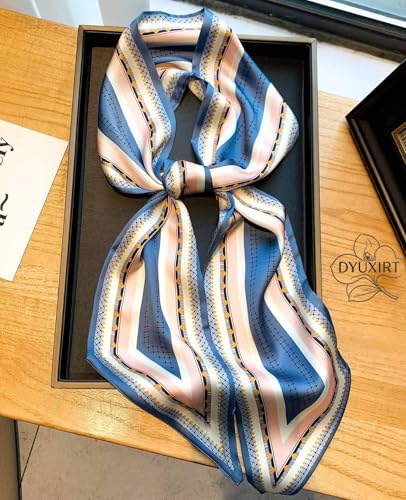 Head Scarf Purse Handle Neck Satin Hair Scarfs For Bag Lightweight Silky Long Thin Women's Fashion Scarves 59 * 5.9” - color: H27-blue and Pink Lines(59*5.9inch)