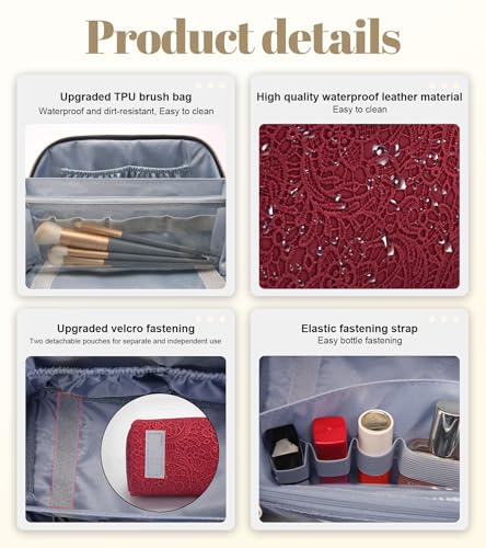 BOYATU Travel Makeup Bags Cosmetic Organizer Bag: 3 Pcs Set Large Capacity Make up Bag with Compartments - Waterproof Leather Toiletry Bags with Handle for Women (A-Red) - color: A-Red