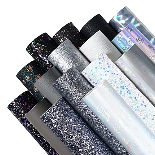 16 Pieces 8x6 Inch New Contrast Colors Black Silver Series Faux Leather Fabric Sheets Include Metallic Litchi Fine Chunky Glitter Holographic Butterfly Patent Embossing for Leather Earring Bows Making - color: Black Silver Series