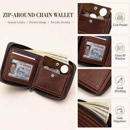 Men Leather Wallet With Zipper Chain Attached, Card Holder + Coin Pocket | Coffee Brown Mens Front Pocket With 11.8" Anti-Theft Chain, 9 Card Slots, 2 Clear ID Window, Coin Pocket and Gift Box Pack - size: Chain Wallet