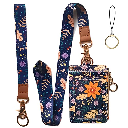 bolimoss Wallet Lanyard for id Badges for Women,Fashion Badge Holder with Zipper（Autumn Sunflower） - color: Autumn Sunflower