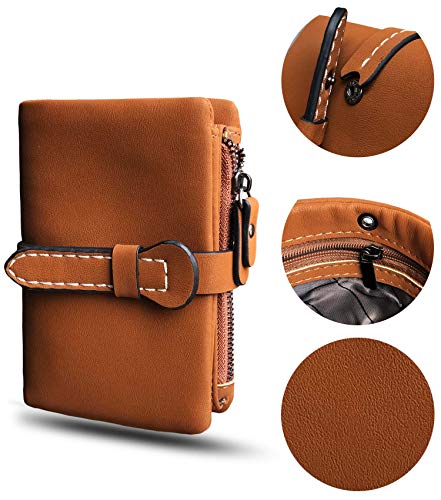 AOXONEL Women's Small Bifold Leather wallet Rfid blocking Ladies Wristlet with Card holder id window Coin Purse - color: Brown3