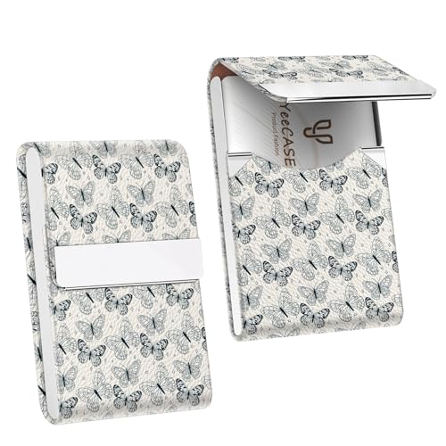 2Pack Leather Stainless Steel Business Card Holder, Metal Slim Business Card Case for Women or Men, Pocket Business Card Carrier with Prints, Magnetic Closure, RFID Blocking - color: Sketch-Butterfly