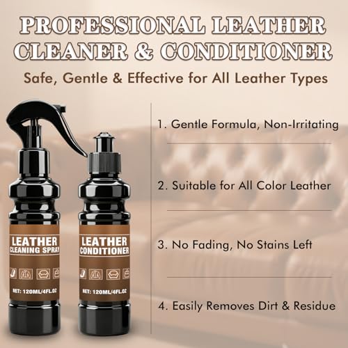 4-Piece Leather Cleaner & Conditioner Kit, 4oz Each | For purses, car seats, leather boots & small leather goods, fades surface stains & minor scuffs, kit with cloth & sponge