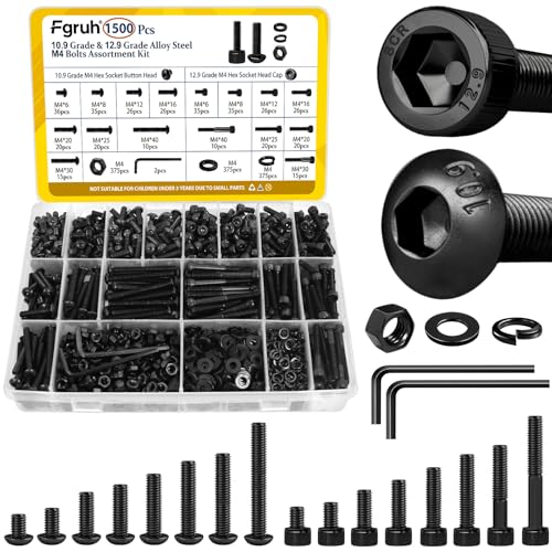 1500PCS M4 Hex Socket Cap Head & Button Head Screws and Nuts Kit | M4-0.7*4/6/8/12/16/20/25/30/35 mm Bolts,Nuts and Washers Assortment Kit, 12.9 & 10.9 Grade Black Zinc Plated for 3D Printer - size: M4 1500pcs