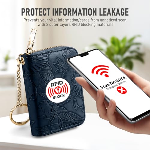 credit card holder for women，Embossed leather Rfid wallet women， KeyChain Wallet - color: navy blue