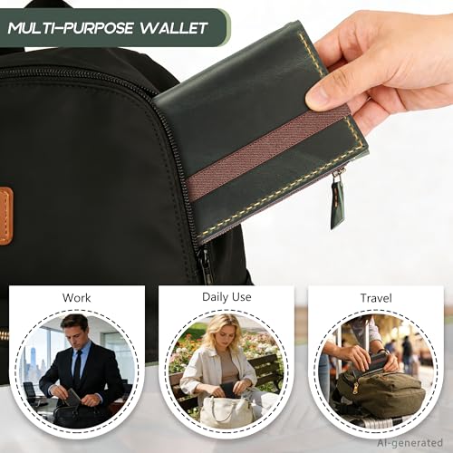Robrasim Leather Wallet for Men and Women, Handmade Detachable Chain Wristlet Long Bifold Clutch with Large Capacity Zipper Coin Pocket (Green, 7.87"x4.17") - color: Green