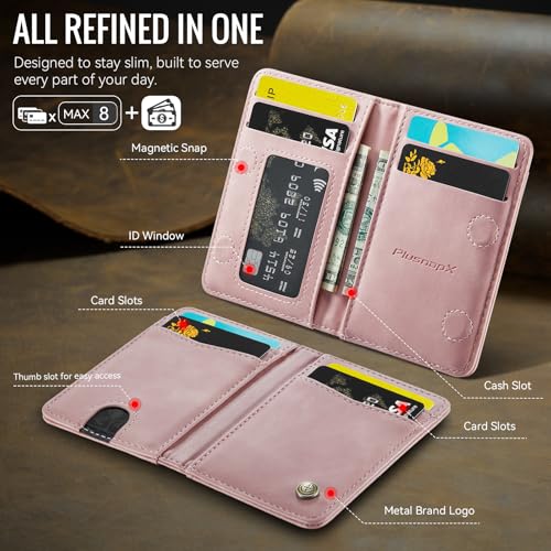 Slim Wallet for Women RFID Blocking Credit Card Holder Bifold Front Pocket Mini Wallet with 8 Card Slots and 2 Cash Pockets, Minimalist PU Leather Small Travel Purse Compact Gift Girls, Pink - color: Pink