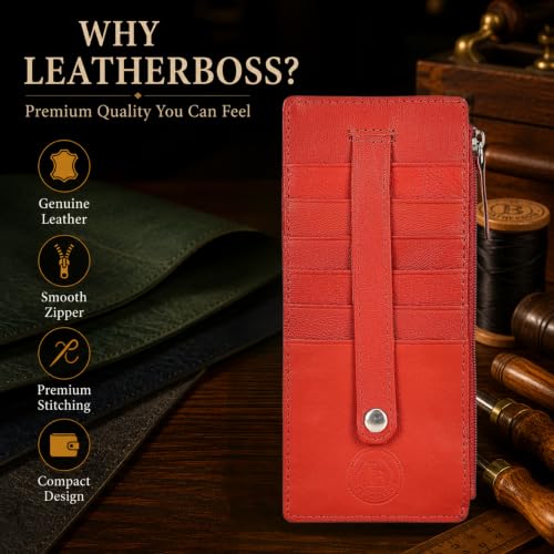 Leatherboss Genuine Leather Women's All in One Credit Business Card Case Holder Slim Zipper Wallet With a Card Protection Strap, Red - color: Red