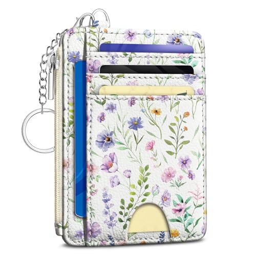 Kelvoris Credit Card Holder Small Wallet Women, Slim RFID, Flowers | Keychain, Zipper Coin Pocket, Front Pocket Thin Travel Card Case, Minimalist, 6 Card Slots, 1 ID Window, Ladies Gifts Woman - color: Purple Flower