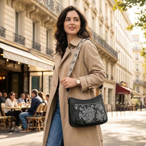 Crossbody Bags for Women, Medium Vegan Leather Purses | Large Capacity Multi-Pocket Embossed Shoulder Bag with Boho Strap for Daily Travel - color: Black Silver