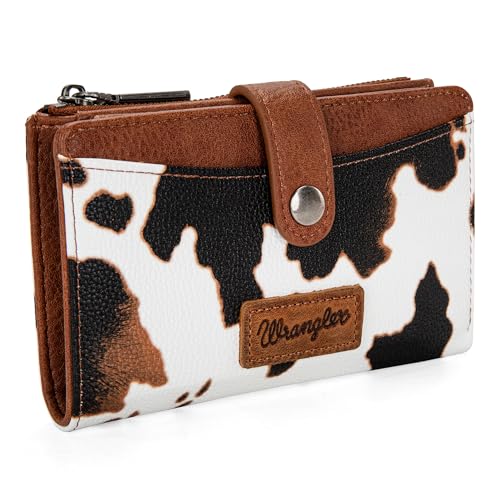 Wrangler Wallet for Women Bifold Card Holder with Zipper and ID Window - color: Cow Print - Brown