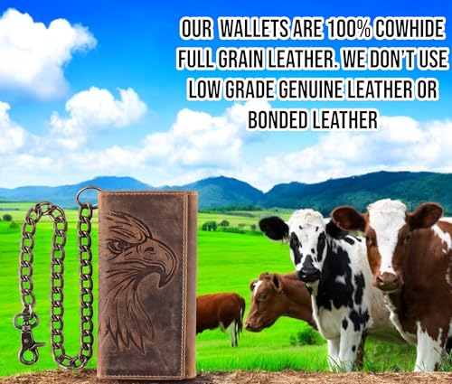 F&L CLASSIC RFID Blocking Mens Tri-fold Long Style Cowhide Leather Steel Chain Wallet,brown eagle head,212-102 - color: brown with eagle head
