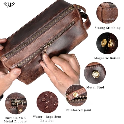 Premium Handmade Genuine Leather Toiletry Bag for Men & Women, Dopp Kit & Shaving Travel Organizer, Cosmetic Wash Bag with Zipper Pocket Travel Pouch, Gift for Him & Her - Dark Brown - color: Dark Brown (Large)