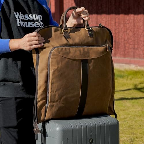 Polare Waxed Canvas Full Grain Leather Trim Garment Carry On Bag for Travel, Foldable Hanging Suitcase Weekender Dust-Proof Garment Waterproof Cover with YKK Zipper and Adjustable Strap - color: Brown