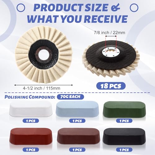 24 Pcs Wool Polishing Wheel Disc and Polishing Compounds Set Includes 18 Buffing Wheels (4-1/2" x 7/8") 6 Buffing Compound Felt Flap Disc for Angle Grinder Aluminum Wood Automotive