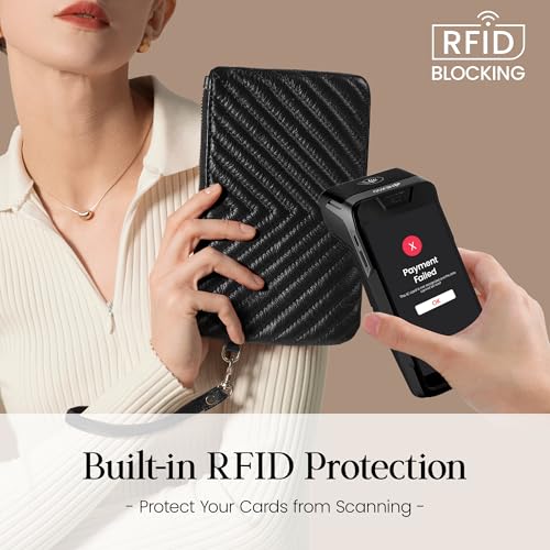 befen Genuine Leather Wristlet Clutch RFID Blocking Bag Cell Phone Purse | Cell Phone Wristlet Clutch for Women, Small Wallet Purses with RFID Blocking Card Slots - color: Chevron Quilted Black