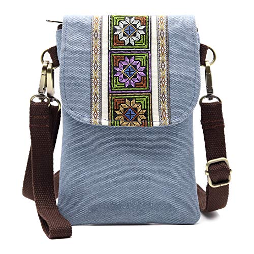 SILKAREA Vintage Embroidered Canvas Flip Small Crossbody Bag Cell Phone Pouch for Women Wristlet Wallet Bag Coin Purse - color: Light Blue