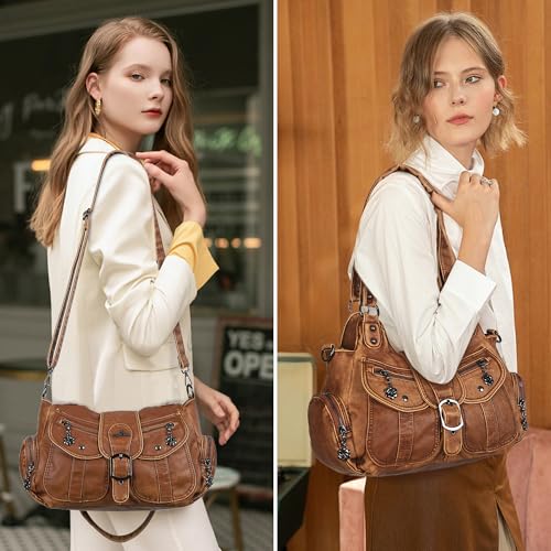 Angel Kiss Hobo Bags for Women Vegan Leather Shoulder Purses and Handbags Ladies Roomy Tote Bags Purse with Crossbody Strap - color: Brown