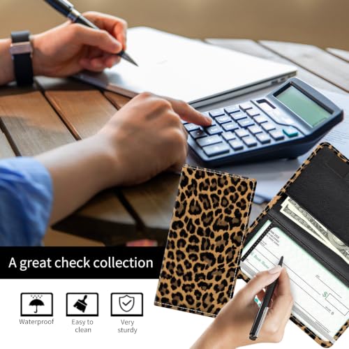 Checkbook Cover for Personal Checkbook, Cute Pu Leather Check Book for Women & Men, Slim Checkbook Holder with Pen Holder and Built-in Clear Plastic Divider, Dark Leopard - color: Dark Leopard