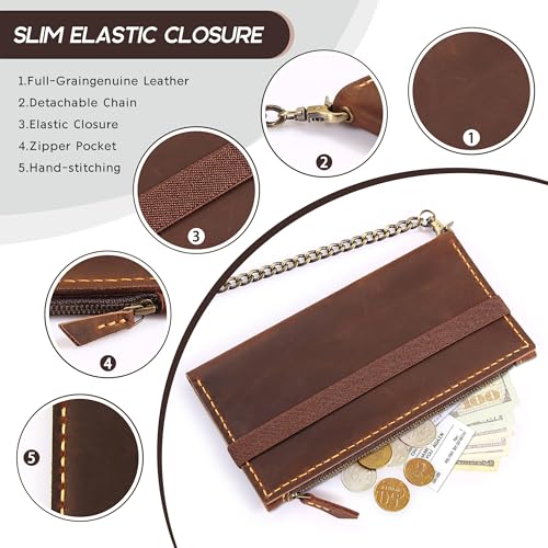 Robrasim Leather Wallet for Men and Women, Handmade Detachable Chain Wristlet Long Bifold Clutch with Large Capacity Zipper Coin Pocket (Coffee, 7.87"x4.17") - color: Coffee