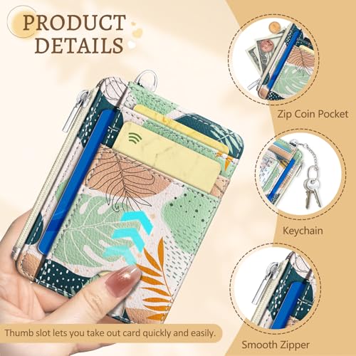 Kelvoris Credit Card Holder Small Wallet Women, Slim RFID, Abstract Leaves | Keychain, Zipper Coin Pocket, Front Pocket Thin Travel Card Case, Minimalist, 6 Card Slots, 1 ID Window, Ladies Gifts Woman - color: Leaf