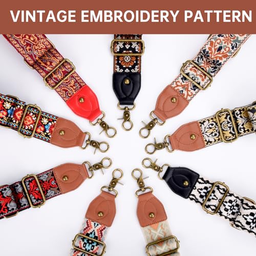 Purse Strap Replacement Crossbody Adjustable Bag Strap Retro Jacquard Embroidery Wide Shoulder Strap for Women Handbags - color: Navy Brown Flowers
