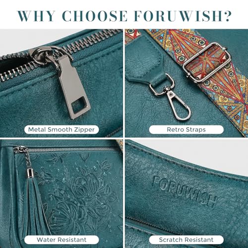 Crossbody Bags for Women, Medium Vegan Leather Purses | Large Capacity Multi-Pocket Embossed Shoulder Bag with Boho Strap for Daily Travel - color: Peacock Blue