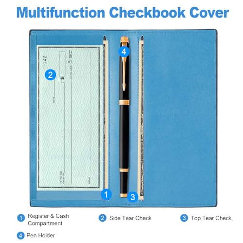 CASMONAL Checkbook Cover for Personal, Check Book Holder for Women & Men | PU Leather with Pen Holder, Transparent PVC Divider for Duplicate Checks - color: Blue Cadet