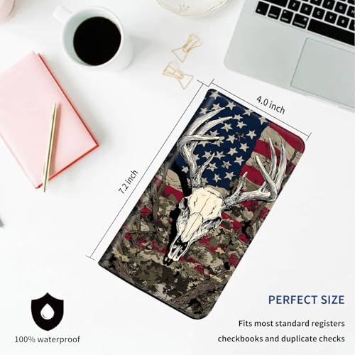 DEGDFSGR Checkbook Cover PU Leather Checkbook Covers for Women for Duplicate Checks, Check Book Covers with RFID Blocking Function for Personal Checkbook, Deer Skull American Flag - color: Deer Skull American Flag