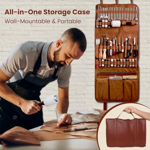 ZAMQIU Leather Working Kit, 155-Piece Leather Tooling Kit with Carving Stamping Sewing Punching Cutting, Leatherworking Tool Set for Beginners, DIY Craft Starter Set for Wallet, Belt, Bag Making
