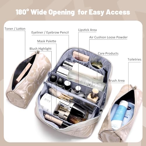 BOYATU Makeup Bag,Makeup Organizer,Toiletry Travel Bag for Women - Apricot | 3 Pcs Vegan Leather Cosmetic Bag with Compartments - Waterproof Large Capacity Toiletry Bag - 180° Open-Flat Makeup Organizer - color: D-5-Apricot