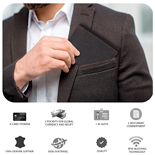 Trifold Leather Wallet for Men - RFID Slim Minimalist Front Pocket 6 Slots - color: Hunter Brown